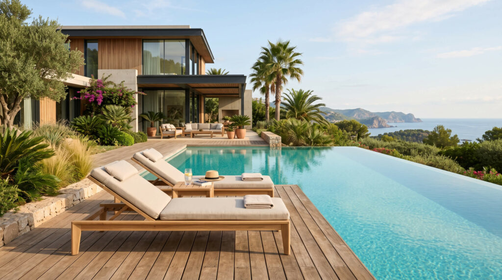 Chaises longues en bois massif la tendance élégante autour de la piscine